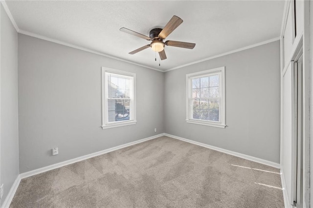 carpeted empty room featuring ceiling fan, ornamental molding, and a wealth of natural light