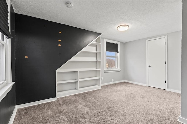 interior space featuring carpet flooring and a textured ceiling