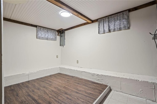 basement featuring hardwood / wood-style floors and electric panel