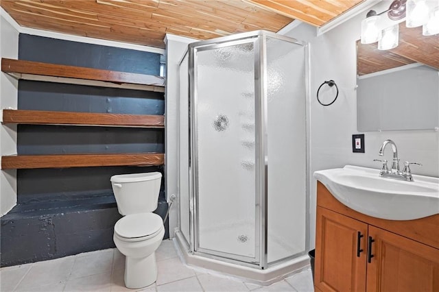 bathroom featuring an enclosed shower, vanity, wooden ceiling, and toilet