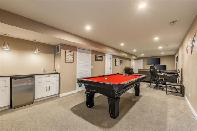 game room featuring light carpet, bar area, and pool table