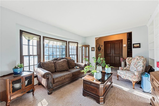 living room featuring light carpet