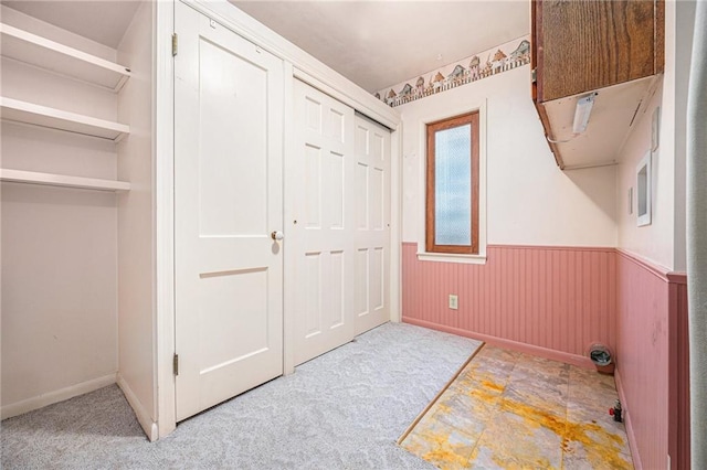 interior space with light carpet and wooden walls