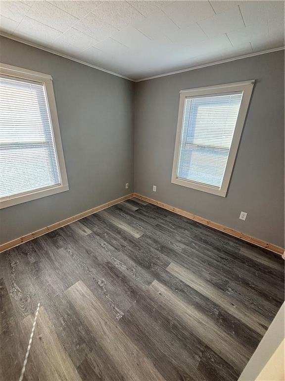 spare room featuring ornamental molding and dark hardwood / wood-style floors