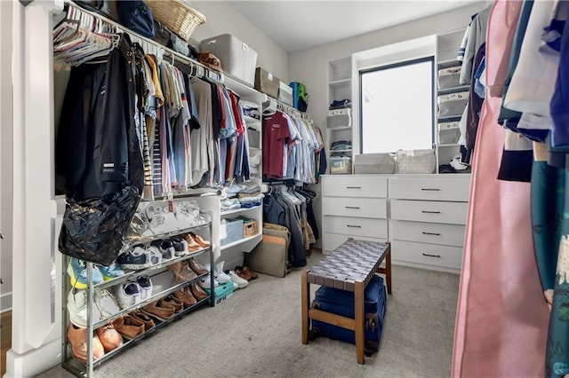 walk in closet featuring light carpet