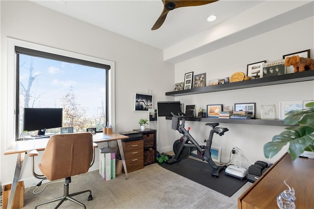 carpeted office with ceiling fan