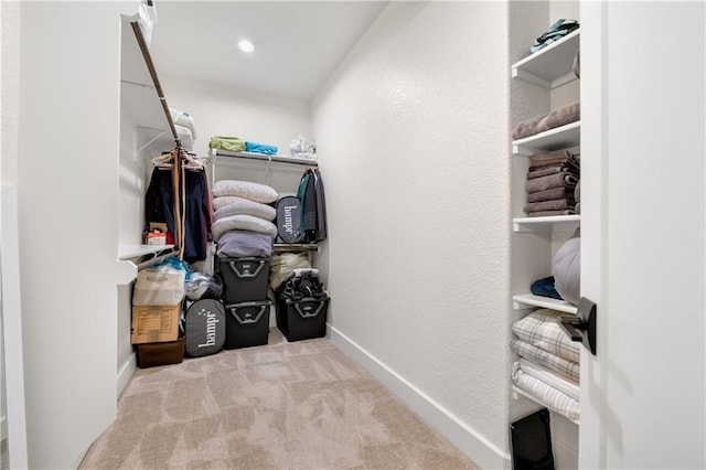 spacious closet featuring light colored carpet