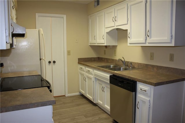 kitchen with sink, light wood-type flooring, stainless steel dishwasher, electric stove, and white cabinets