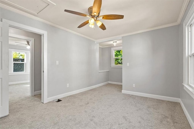 carpeted spare room with crown molding, a wealth of natural light, and ceiling fan