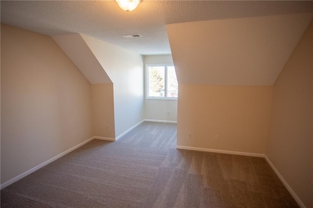 additional living space with vaulted ceiling, carpet, and a textured ceiling