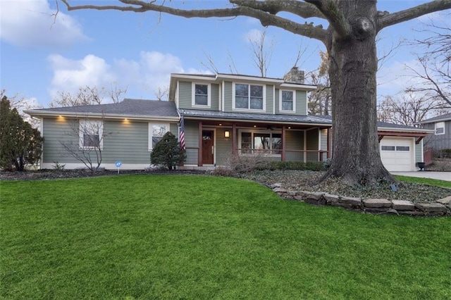 front facade with a porch, a garage, and a front lawn