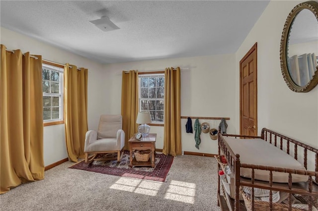 living area with a textured ceiling and carpet