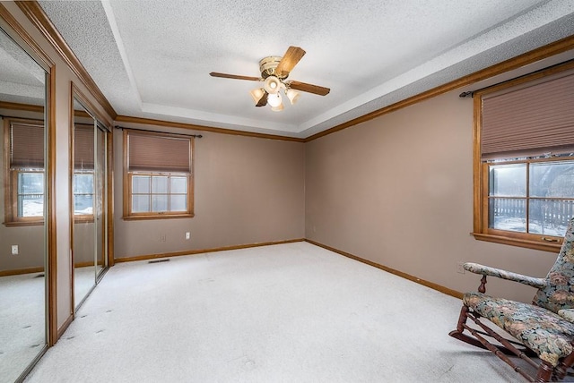 unfurnished room with ceiling fan, light colored carpet, a raised ceiling, and a textured ceiling