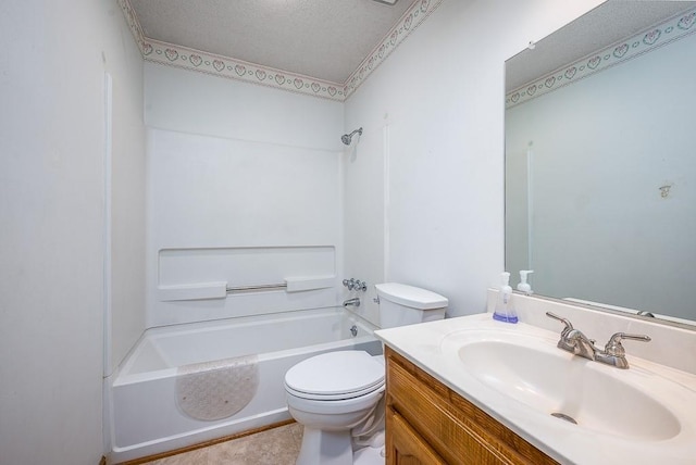 full bathroom with vanity, a textured ceiling,  shower combination, and toilet