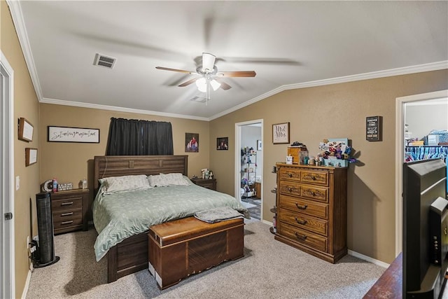 bedroom with lofted ceiling, ornamental molding, light colored carpet, and ceiling fan