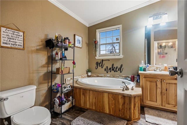 bathroom with lofted ceiling, toilet, crown molding, vanity, and a bathtub