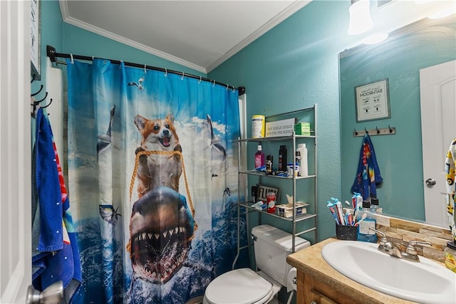 bathroom featuring vanity, crown molding, vaulted ceiling, and toilet