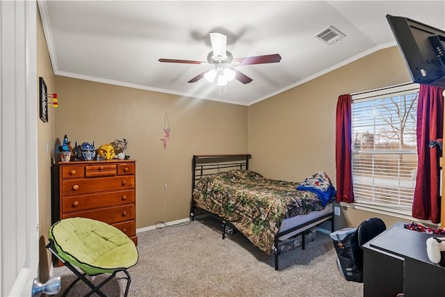 bedroom featuring ceiling fan, ornamental molding, carpet, and lofted ceiling