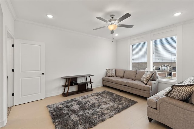 living room with crown molding and ceiling fan