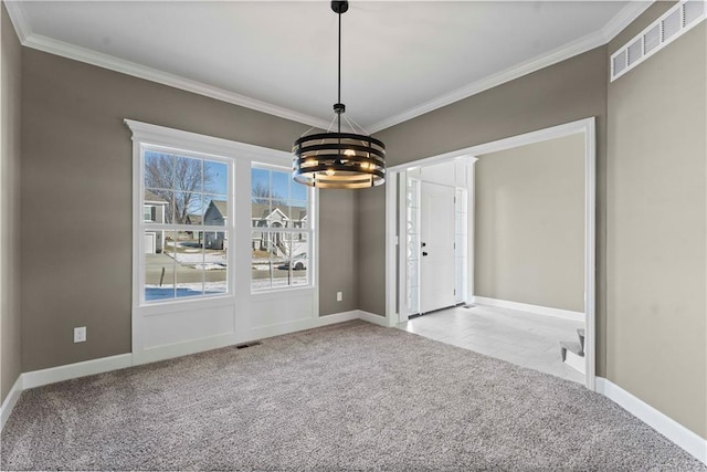 unfurnished dining area featuring light carpet and ornamental molding