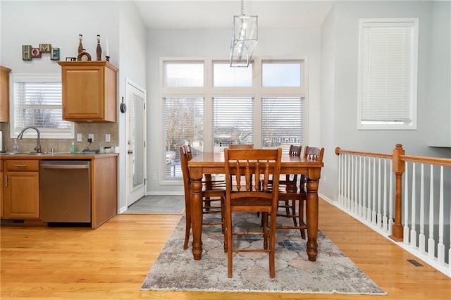 dining area featuring sink and light wood-type flooring