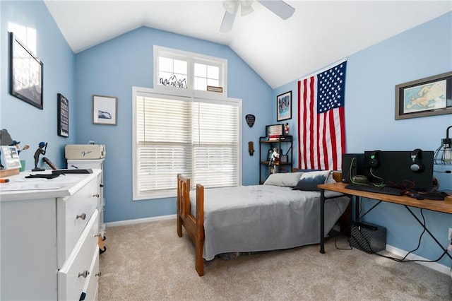 bedroom with light carpet, vaulted ceiling, and ceiling fan