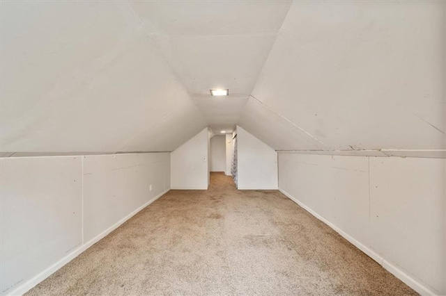 additional living space featuring vaulted ceiling and light carpet