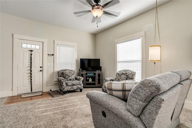 living room featuring ceiling fan and wood-type flooring