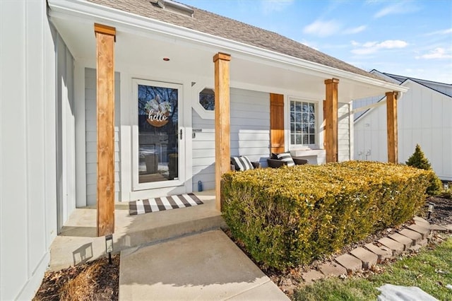 view of exterior entry featuring covered porch