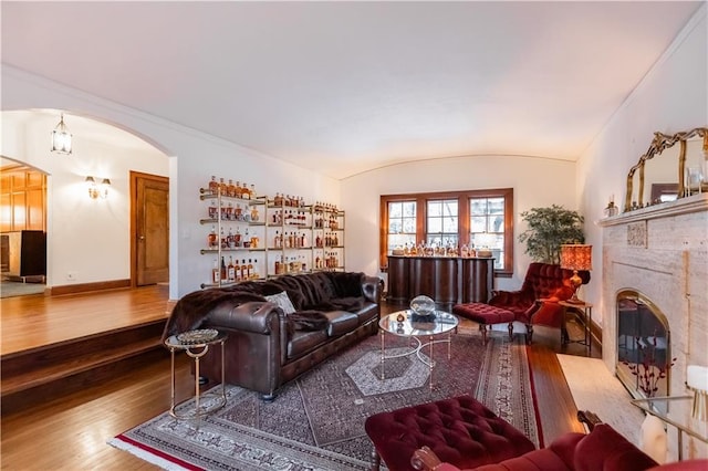 living room with hardwood / wood-style flooring and lofted ceiling