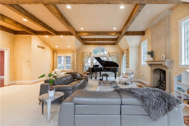 living room with beam ceiling