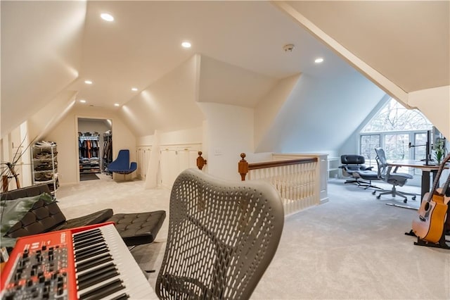 additional living space with light carpet and vaulted ceiling