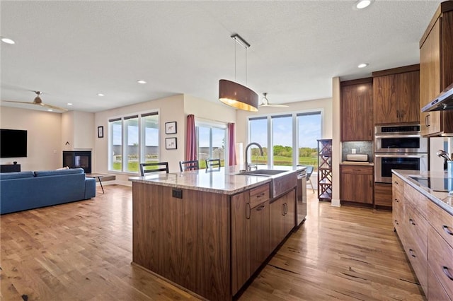 kitchen with light wood-type flooring, appliances with stainless steel finishes, an island with sink, and ceiling fan