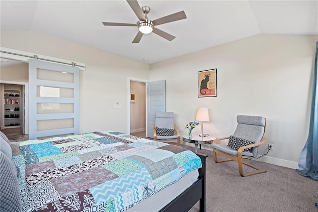 bedroom featuring carpet floors, baseboards, a ceiling fan, and lofted ceiling
