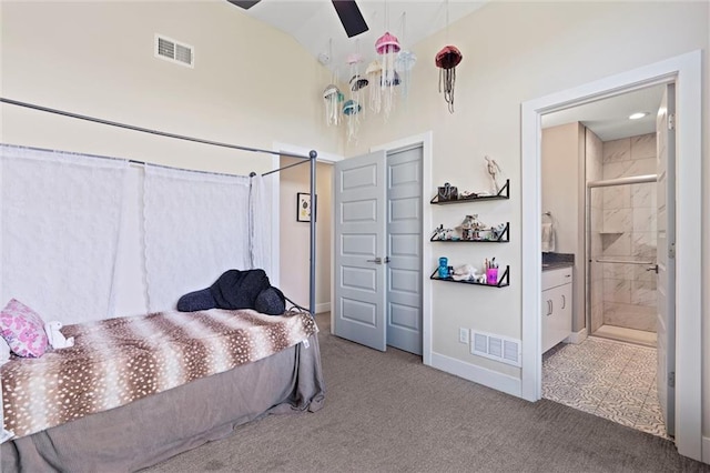 bedroom featuring visible vents, baseboards, carpet floors, and high vaulted ceiling