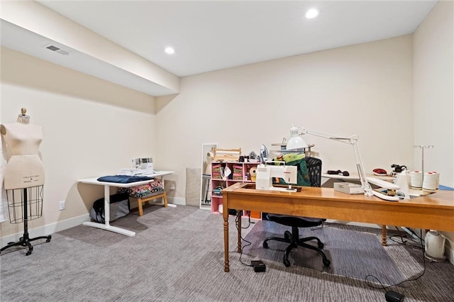 carpeted home office featuring baseboards, recessed lighting, and visible vents