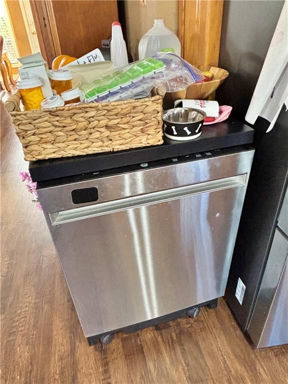 interior details featuring dishwasher and dark wood-style flooring