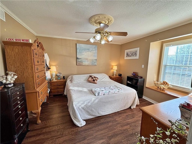 bedroom with dark wood-style floors, ceiling fan, ornamental molding, and a textured ceiling