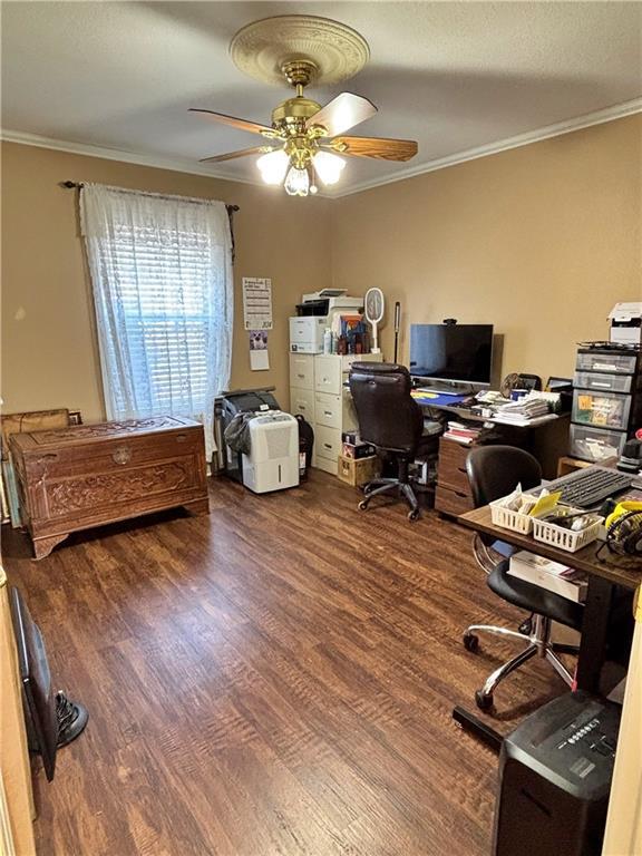 office featuring crown molding, ceiling fan, and wood finished floors