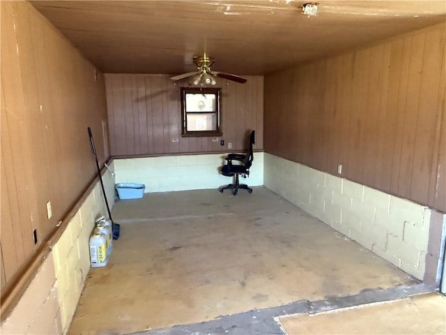 basement featuring wood ceiling and wooden walls