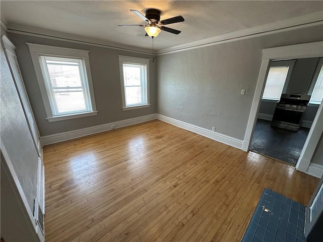 empty room featuring ornamental molding, ceiling fan, and light wood-type flooring