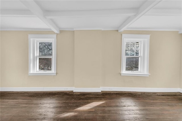 empty room with beam ceiling, dark wood-type flooring, and a wealth of natural light