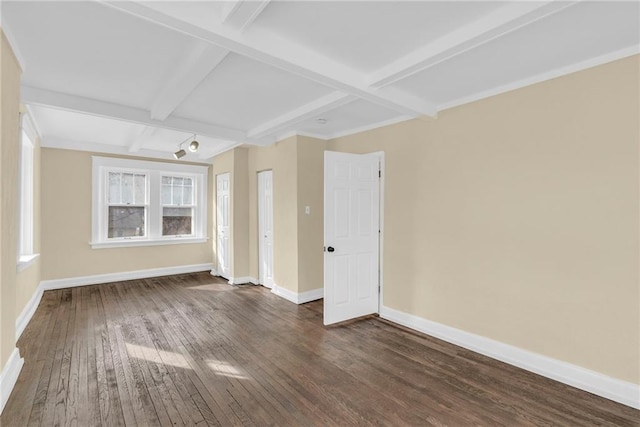 spare room with beamed ceiling and dark hardwood / wood-style floors