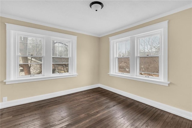 empty room with crown molding, plenty of natural light, and dark hardwood / wood-style floors