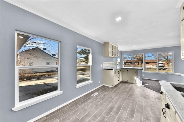 kitchen with visible vents, dark wood-style flooring, and a wealth of natural light