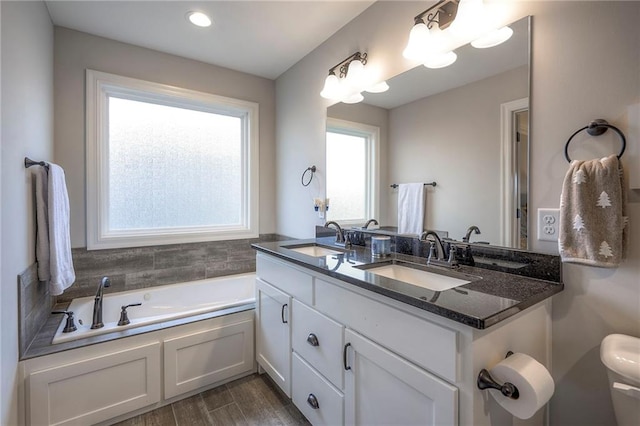 bathroom with vanity, hardwood / wood-style flooring, a tub, and toilet