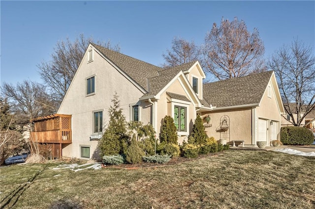 view of property exterior featuring a yard and a deck