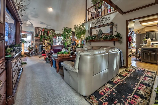 living room with ornamental molding and carpet