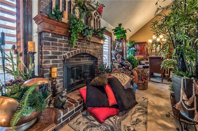 living room featuring lofted ceiling, a brick fireplace, a textured ceiling, and carpet flooring