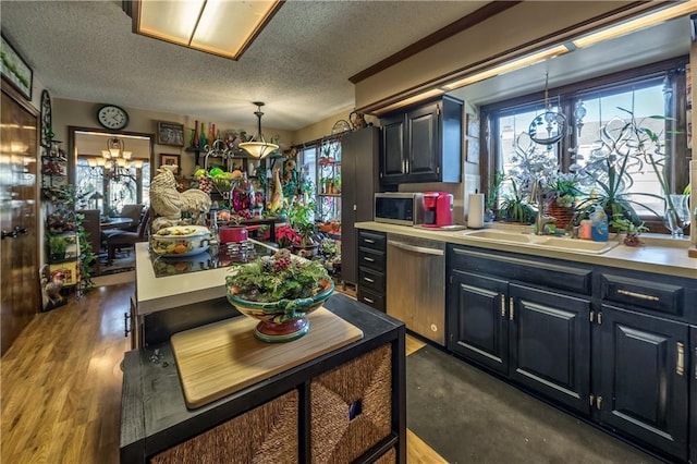 kitchen with sink, hanging light fixtures, stainless steel dishwasher, dark wood-type flooring, and a textured ceiling